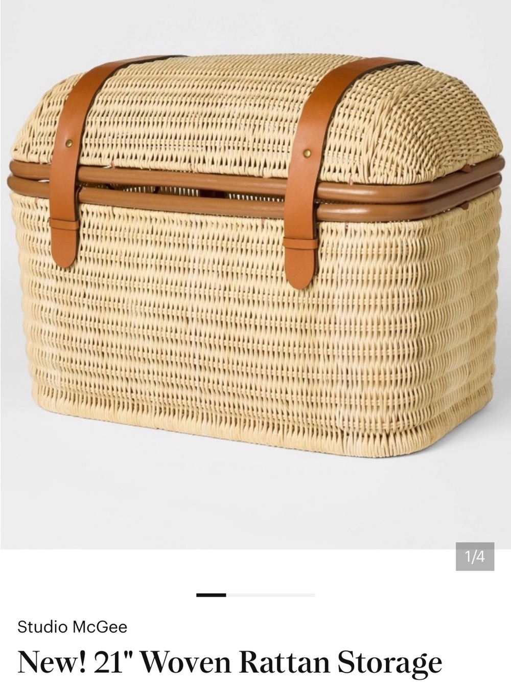Studio McGee Woven Rattan Travel Trunk with Tan Leather Straps